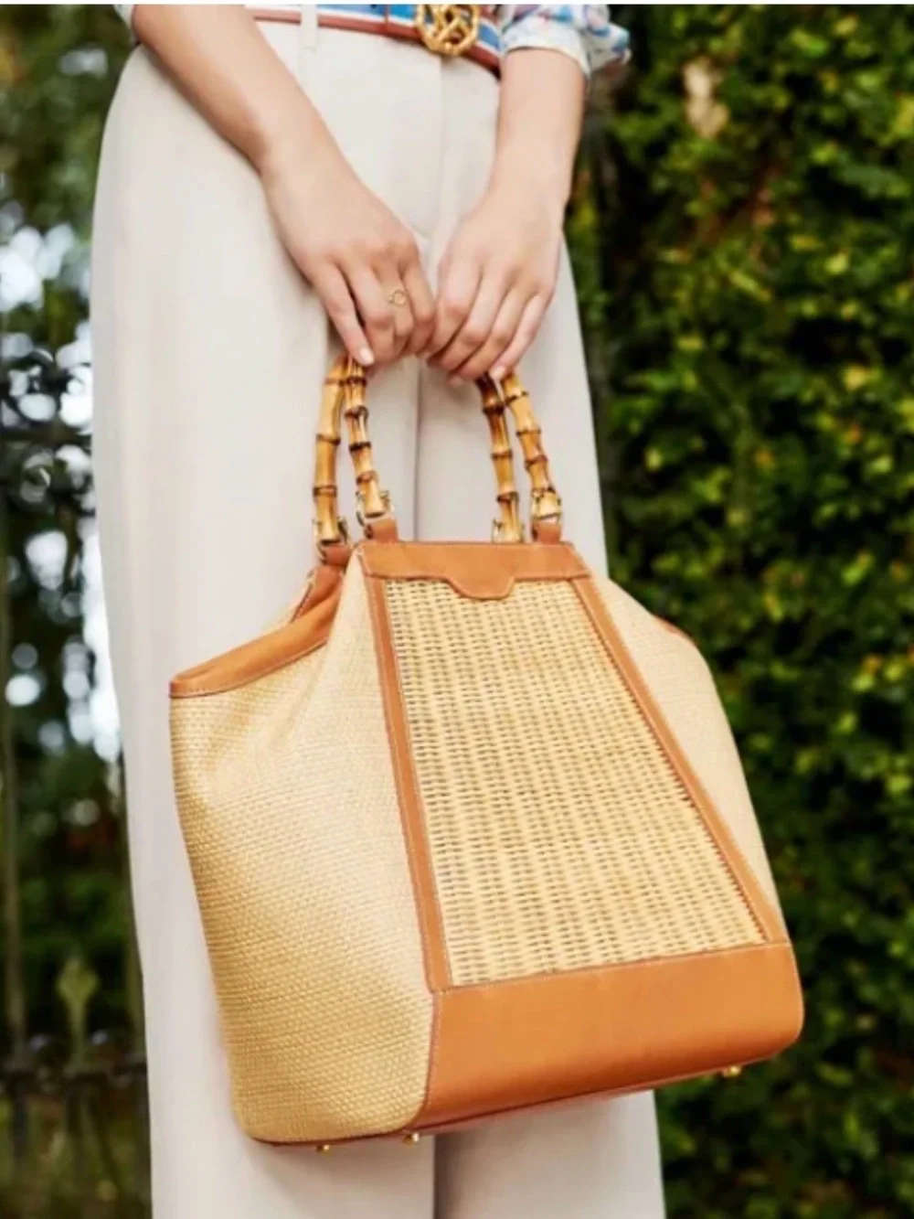 J. McLaughlin “Meeka” Bamboo, Wicker & Leather Tote Handbag Nantucket Style Bag - Picture 1 of 10